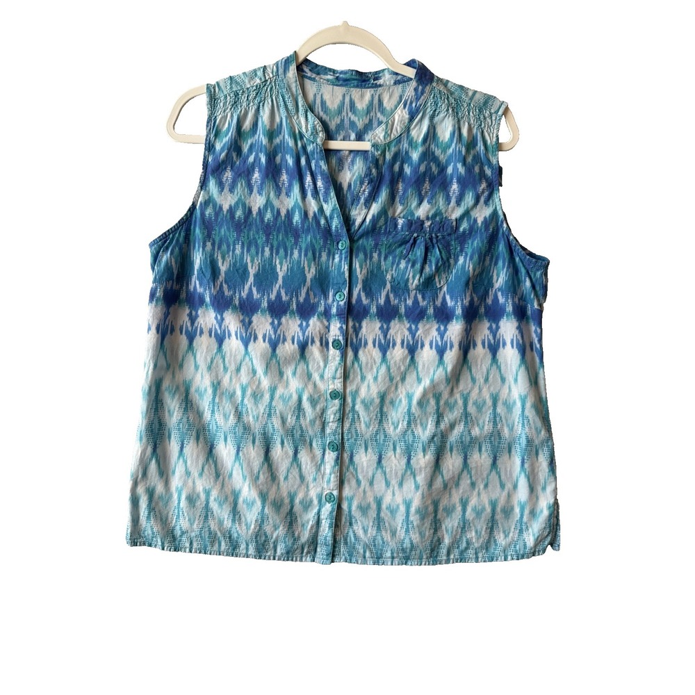Y2K‎ Coastal Ikat Split Neck Sleeveless Button Up Blouse M Boho Beach Resortwear